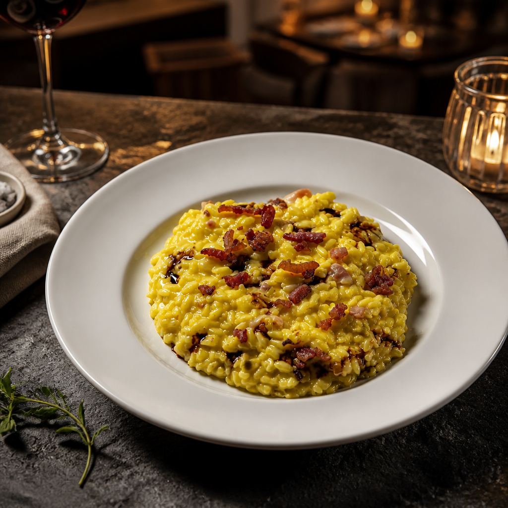 Risotto allo zafferano con pancetta dolce croccante e Aceto Balsamico Tradizionale Extravecchio